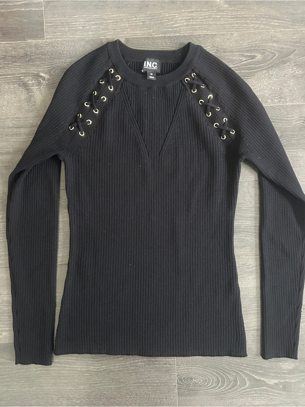 INC International Concepts Black Lace Up Shoulder Ribbed Knit Sweater Top / XS